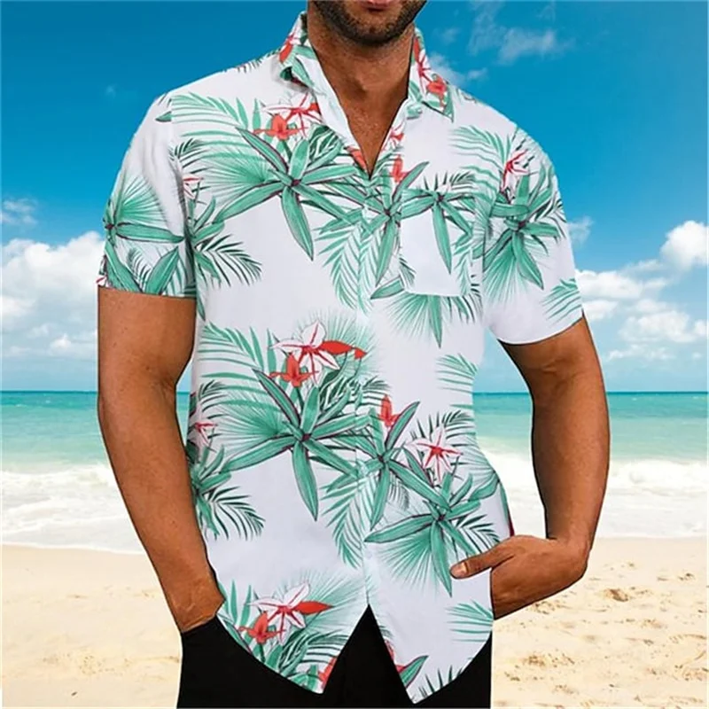 Camisa con estampado de plantas transpirable de verano para hombre, cómoda camisa hawaiana de manga corta junto al mar, camisa con solapa estampada a la moda para hombre