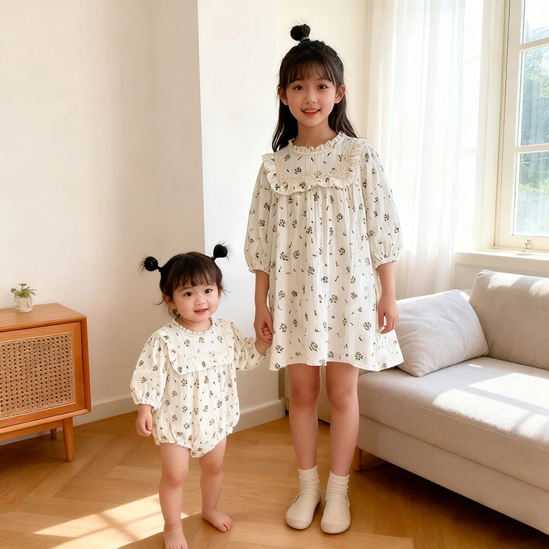 Neue Schwestern Kleid Infant Baby Mädchen Vintage Blumen Kleid Strampler Kinder Mädchen Prinzessin Spitze Kragen Kleid Familie Kleidung Strampler