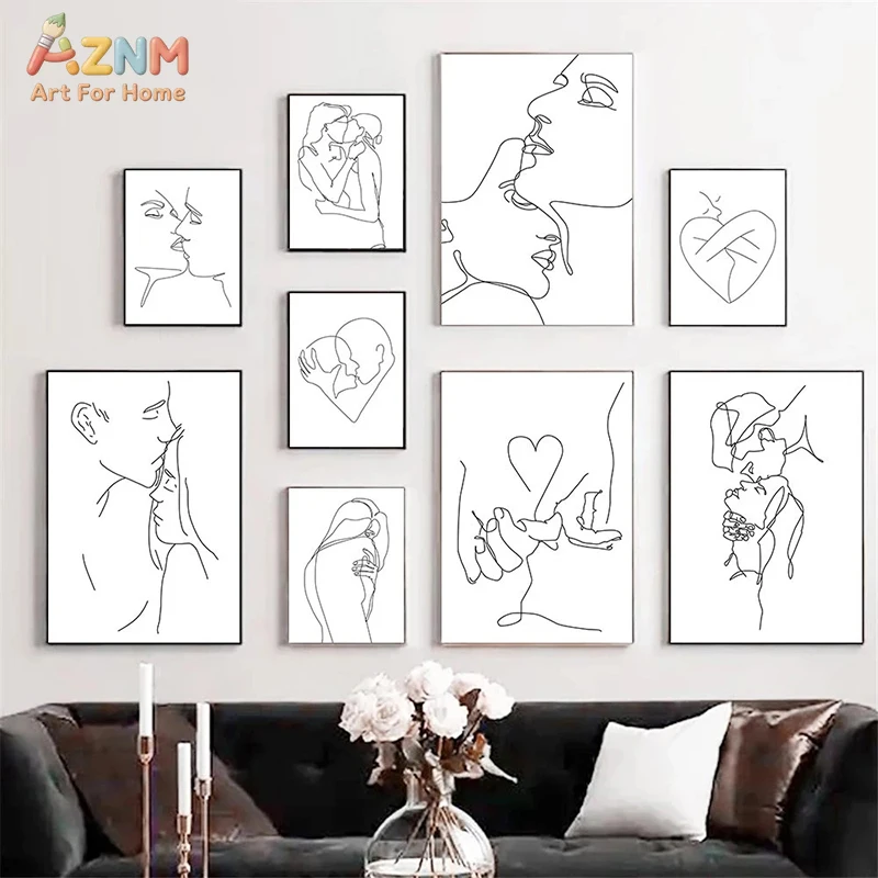 AZNM Minimalist One Line Art Couple Kiss Canvas Wall Art Romantic Love Figure Drawing Print Unframed Painting for Bedroom Living