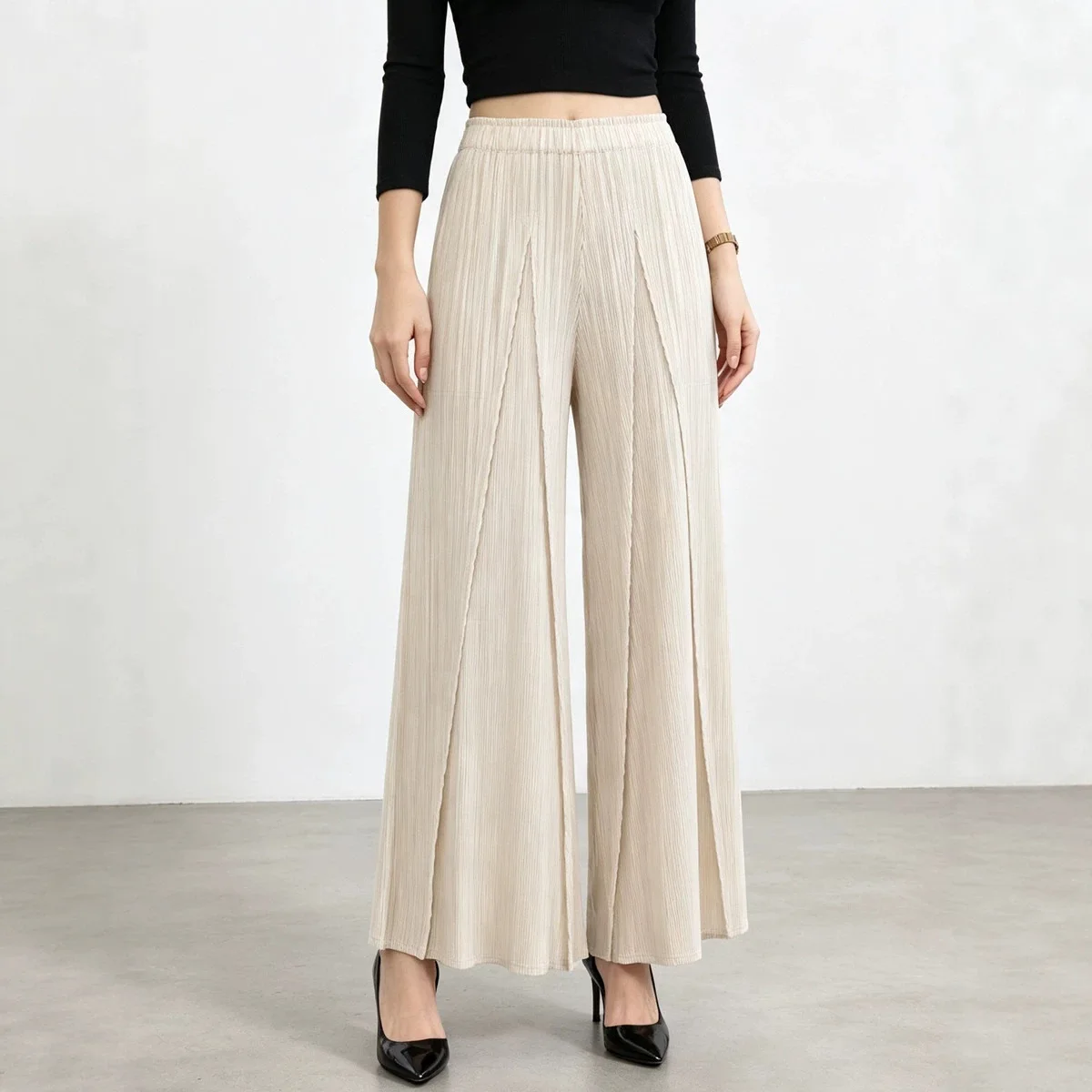 Miyake Pleated Pants, High-waisted, Hip-covering Straight Casual Pants, Loose Solid Color, Simple, Versatile Wide-leg Pants