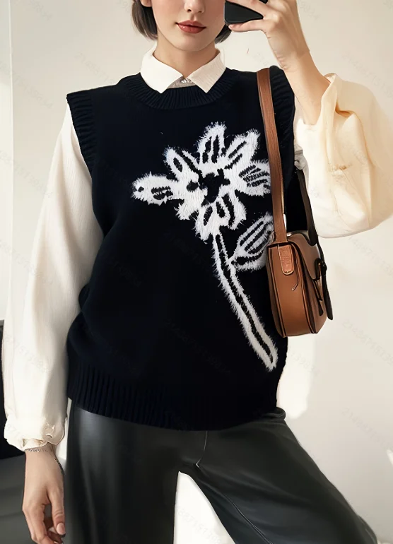 Plus Size Women Black Floral Knit Vest, Loose Crew Neck Color Contrast Flower Pullover Gilet for Autumn Winter