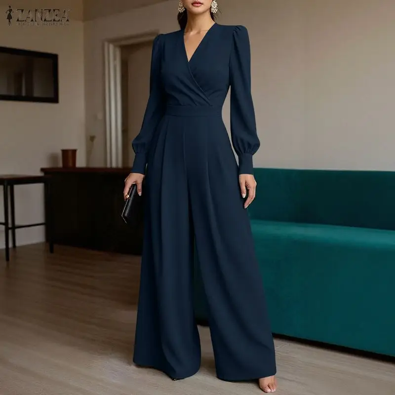 

Woman Elegant Wrap V-Neck Solid Color Jumpsuits Long Sleeve Cinch Waist Wide Leg Pant Overalls ZANZEA Women's Fashion Jumpsuit