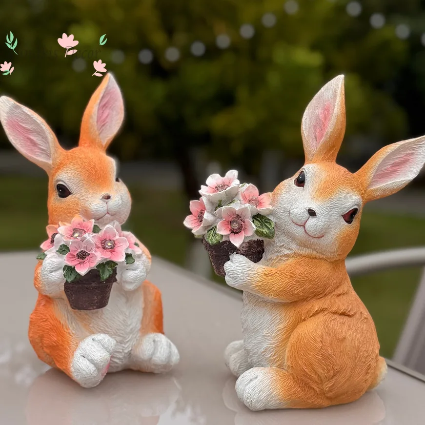 Solar powered ambient light garden decoration - flower-holding rabbit cartoon balcony ornament