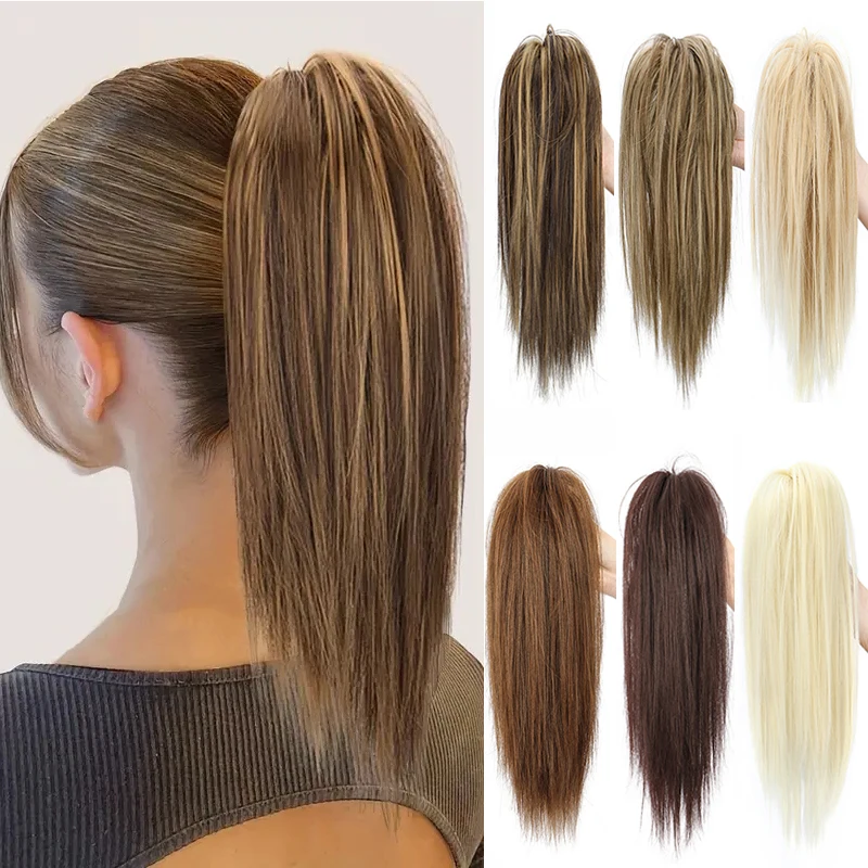 14 Zoll synthetische kurze, gerade Pferdeschwanz-Haarverlängerung, flauschiges, mittellanges, schwarzbraunes Haarteil für Frauen
