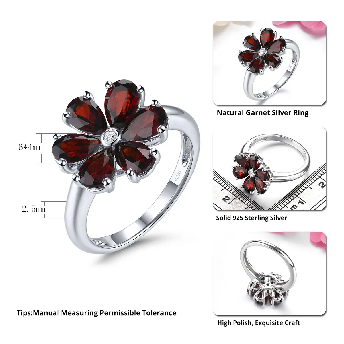 Natural Red Garnet Solid Sterling Silver Rings 2.8 Carats Genuine Gemstone Romantic Flower Design S925 Fine Jewelrys Gifts