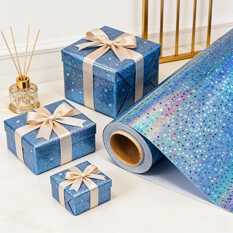 Blaues Farbverlauf-Stern-Geschenkpapier, Holografischer Stern. Für Geburtstage, Abschlussfeiern, Hochzeiten, Babypartys und Themenpartys – Detail 9
