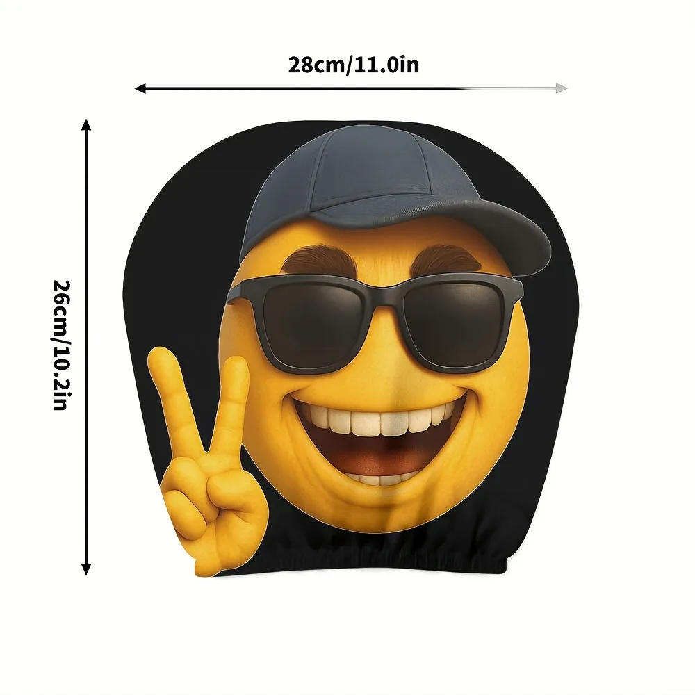 Two yellow cartoon smiley face headrest covers beanie style universal size washable and easy to install suitable for road trips