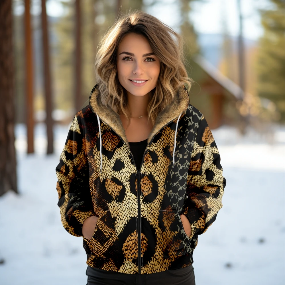 

Женская теплая куртка с капюшоном на флисовой подкладке, стильная куртка с капюшоном на молнии со змеиным леопардовым принтом для уличного зимнего пейзажа