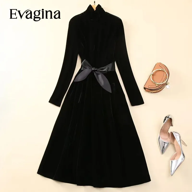 

Evagina New Fashion Runway Designer Women's Autumn High Necked Slim Fit Perspective Mesh Frenulum Black Velvet Dress