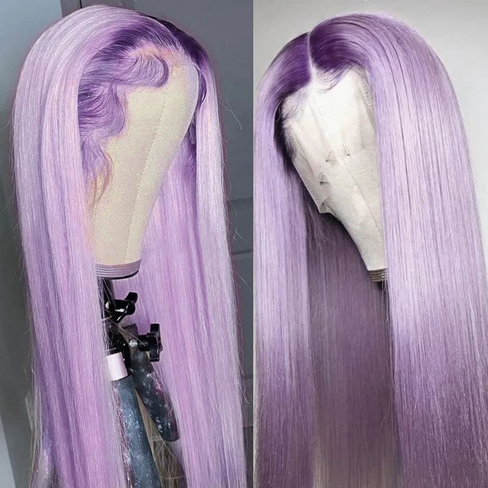 24 Inch Rooted Lavender Purple 13x4 Lace Front Wig Dark Roots Ombre Pre-Plucked Realistic Hairline Synthetic Straight Hair