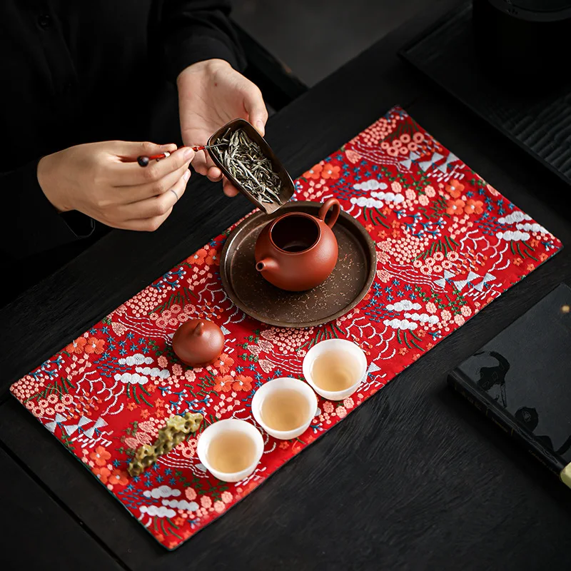 Ins Style Embroidered Tea Mat Double Sided Anti Slip Table Runner Pad Use Home Tea Room Decor Heat Proof Dining Table Cloth