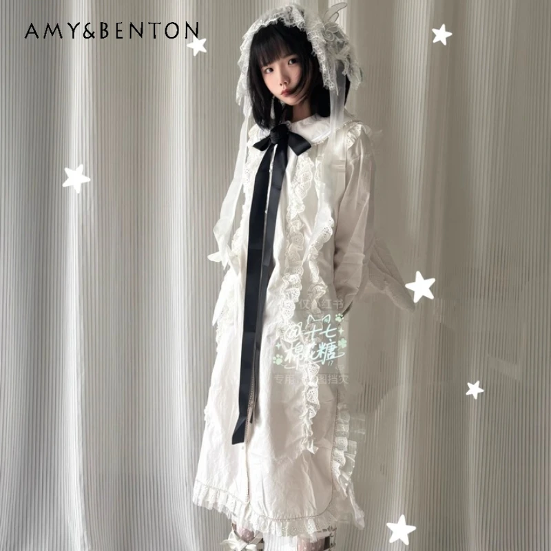 

Original Design Retro Sweet Cool Punk Loose White Women's Long Dress 2025 Autumn New Elegant Lace Bow Splicing Dresses Ladies