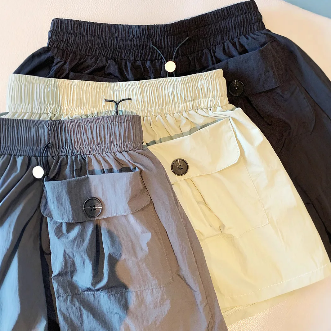 High-waisted thin spicy gray casual shorts female summer 2025 new workwear wide-leg double pockets drawstring pants