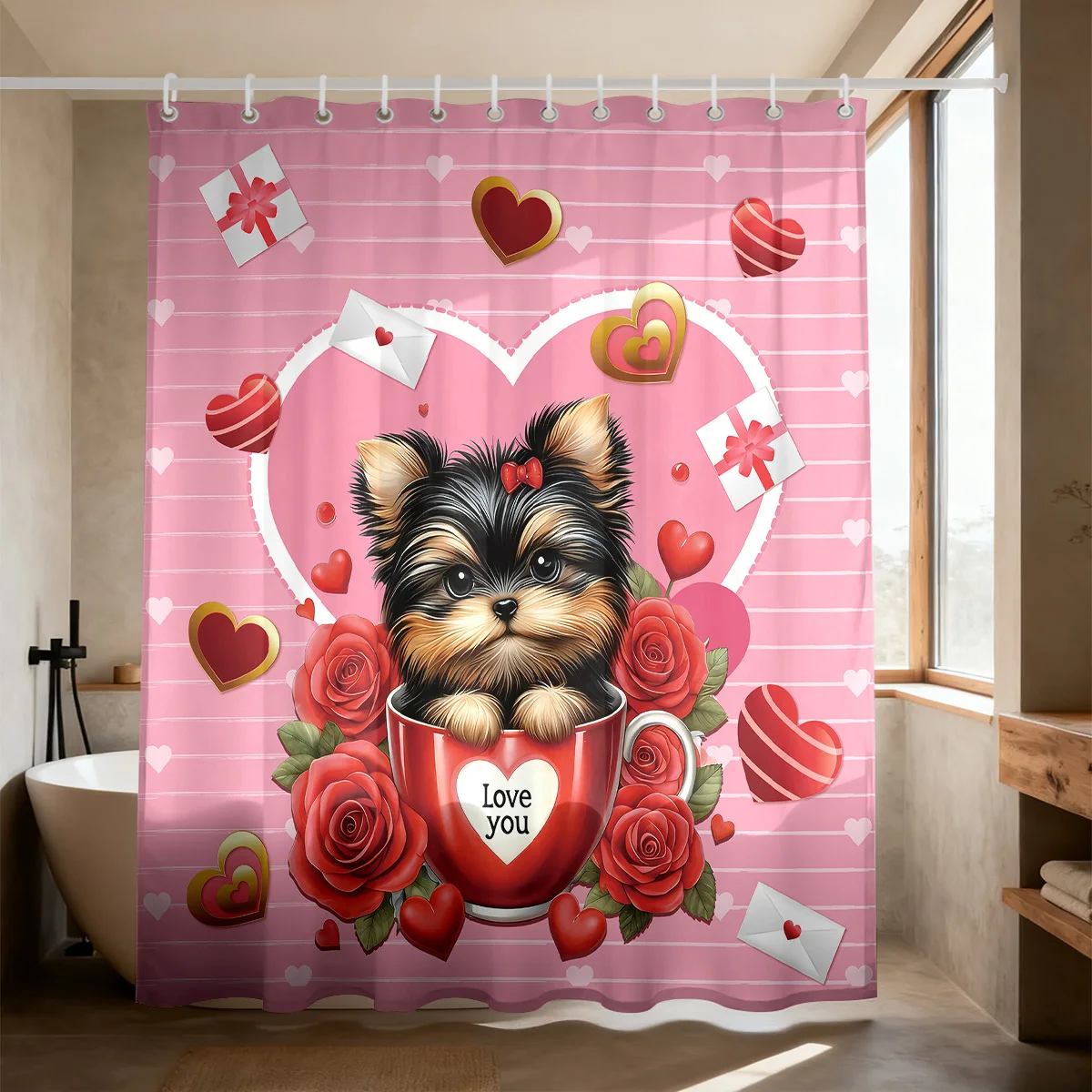Valentine Cute Yorkshire Terrier Puppy Shower Curtain Polyester Digital Printing Sweet Pet Dog Inside Red Tea Cup Red Roses
