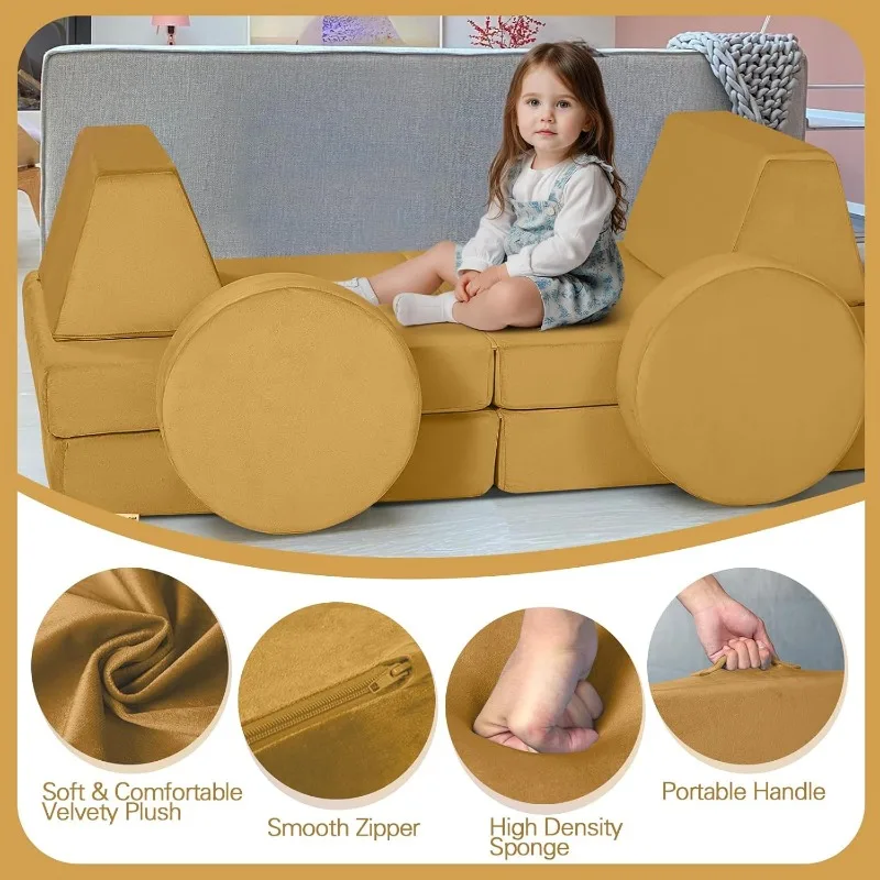 Kids Couch Sofa Modular Toddler for Playroom, 8-Piece Fold Out Baby Play Set, Children Convertible Sofa Foam Couch