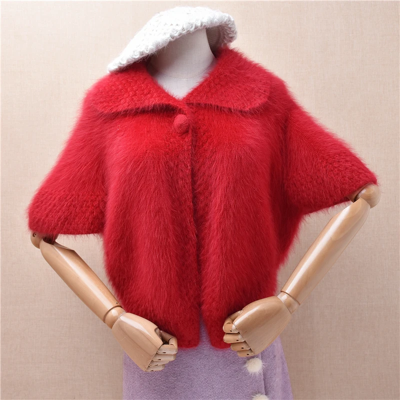 Ladies Wmen Autumn Winter Clothing Red Hairy Mink Cashmere Knitted TUrn-Down Neck Short Sleeves Loose Cardigans Sweater Mantle