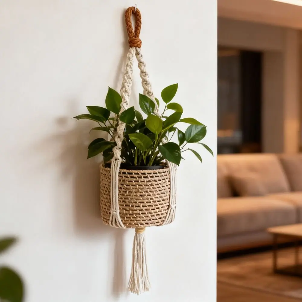 with Handmade Tassels Macrame Plant Hanger Net Cotton Rope Knotted Lifting Rope Hanging Planter Basket Wall Hanging