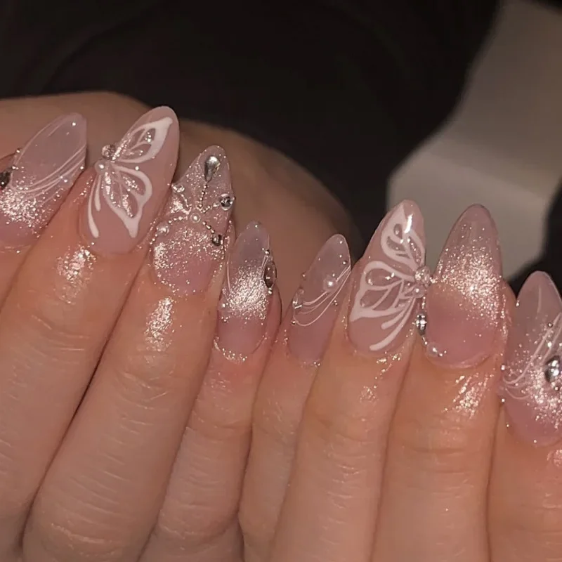 Fiore in polvere glitter rosa Unghie finte a punta lunga Arte lucida Occhio di gatto Mandorla Unghie finte Perle Aurora Stampa quadrata sulle unghie