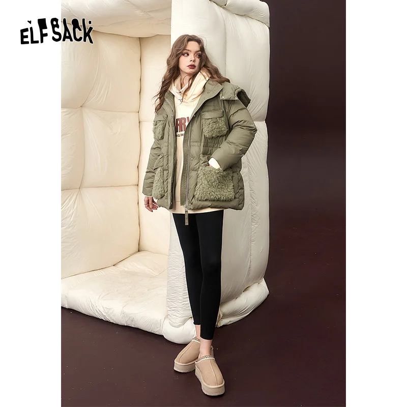 ELFSACK Spliced Thick Down Coats Women 2023 Winter New Korean Fashion Designer Jackets