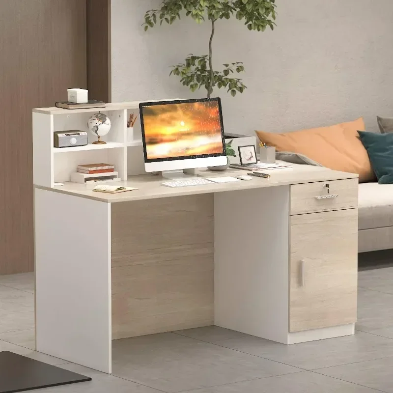 

l Reception Desk with Counter & Lockable Srotage Drawers, for Salon Reception Room Checkout Office, Natrual