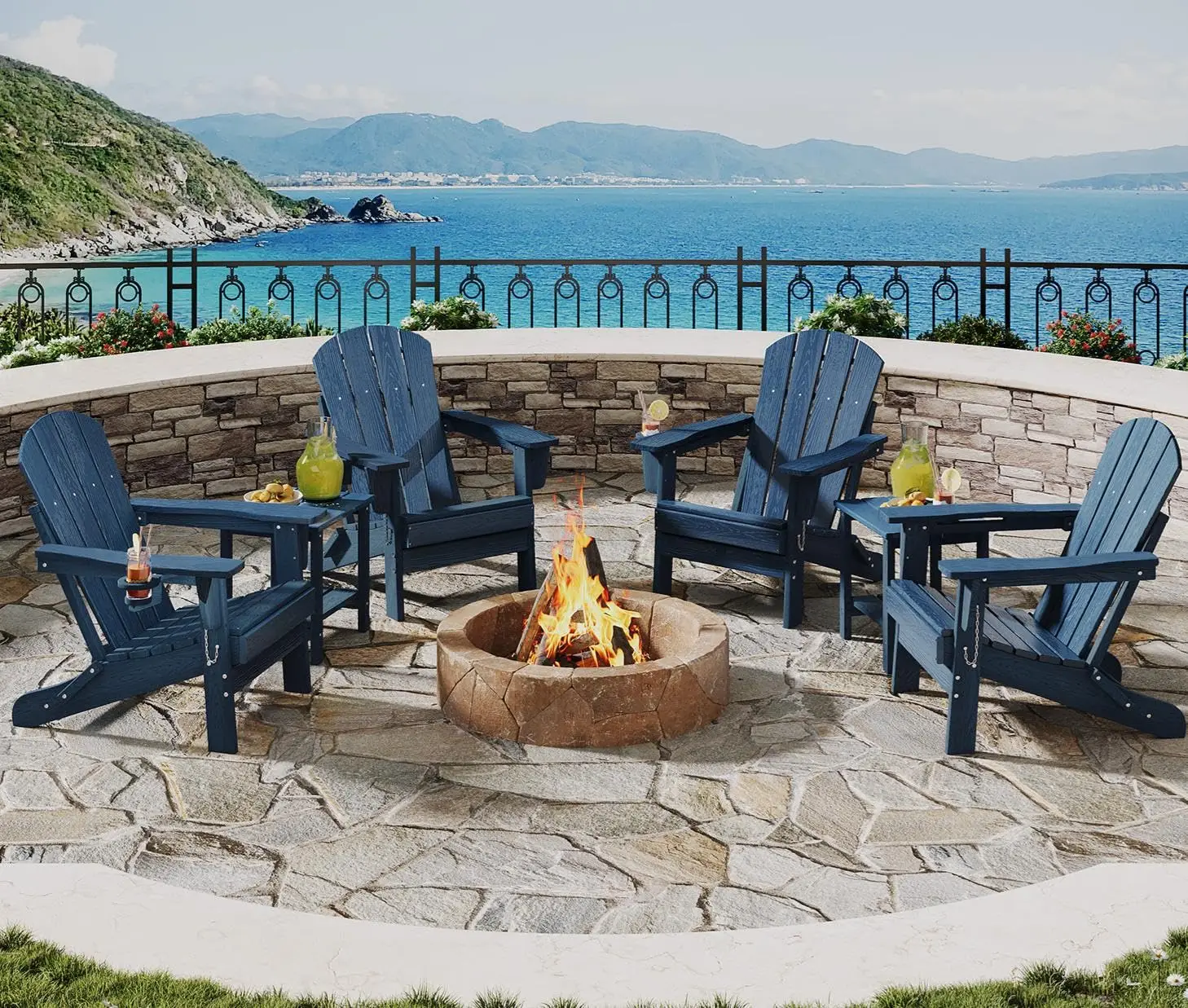 GARVEELIFEAll-Weather HDPE Folding Adirondack Chair Set – 4 Patio Chairs with Cup Holders & Wooden Texture, 2 Side Tables, collapsible, Weather Resistant for Outdoor Garden, Deck, Fire Pit （Navy blue 4 chairs + 2 side tables）