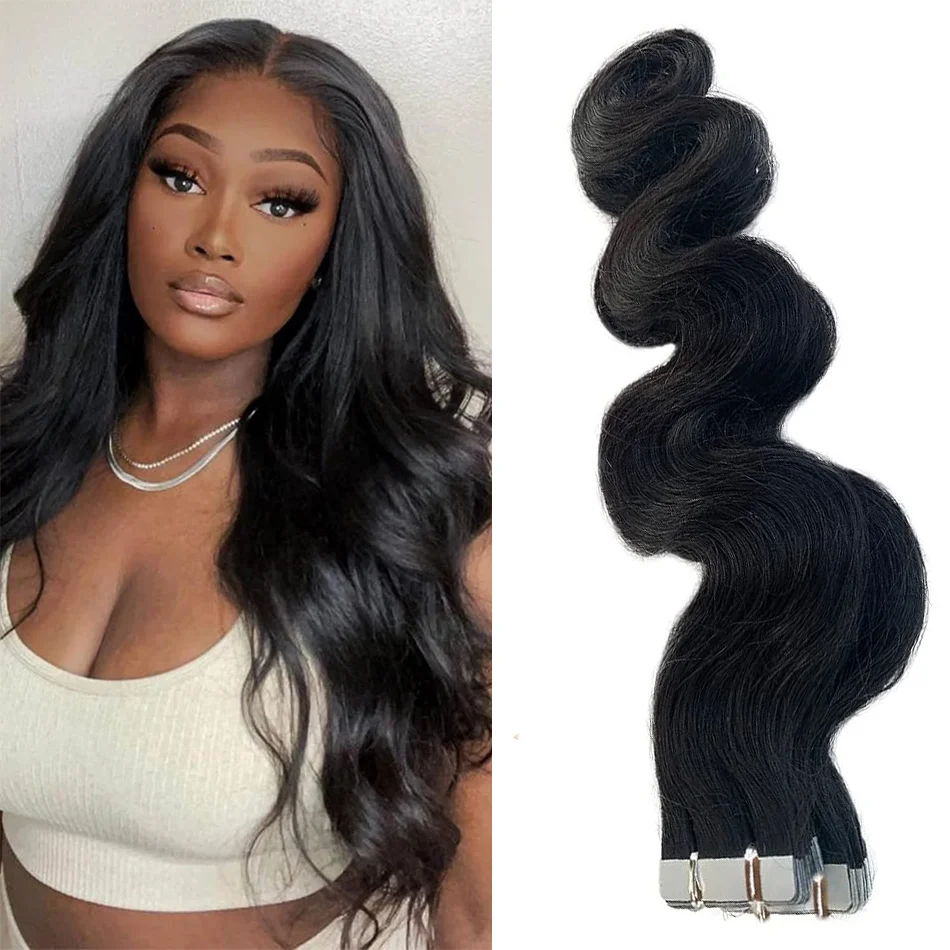 Tape In Human Hair Body Wavy Wave Extensions For Black Woman 100% Real Remy Human Hair Skin Weft Adhesive Glue Natural Black # 1B