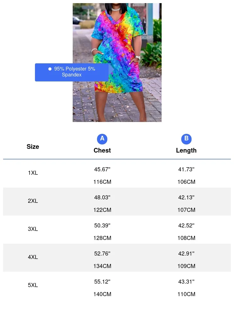 Novo 2025 plus size vestido casual em estilo preto feminino primavera verão colorido borboleta gradiente impresso camiseta vestido bolsos