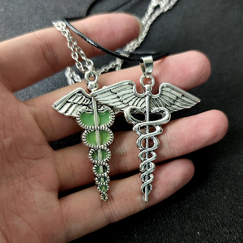 قلادة حبل جلدية سوداء مضيئة ، قلادة رمز كادوسيوس الطب ، اللون الفضي ، العتيقة