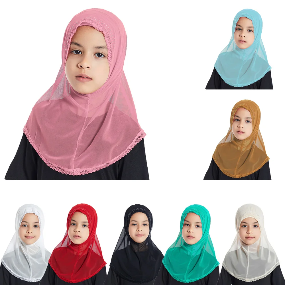 

One Piece Amira Lace Hijab Kids Girls 2-6 Years Headscarf Muslim Instant Scarf Child Pull On Hijabs Islamic Pray Shawls Wrap Hat