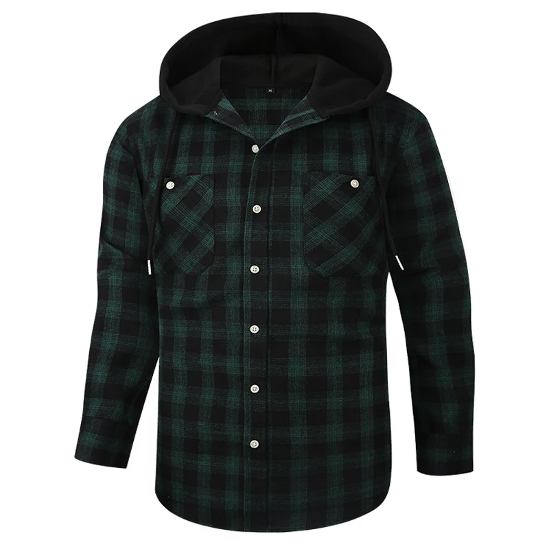 

Mens Vintage Green Hoodies Plaid Shirt Jacket Long Sleeve Button Down Lattice Top Shirt Casual Double Pocket Checked Jacket XXXL