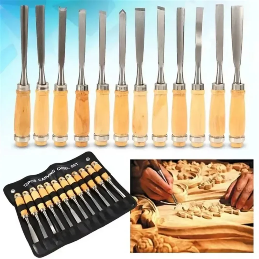 Wood Carving Hand Chisel Set Woodworking Lathe Gouges Tools Woodcarving Tools Set Carved Chisel Carving Knife Set 12PCS/Set