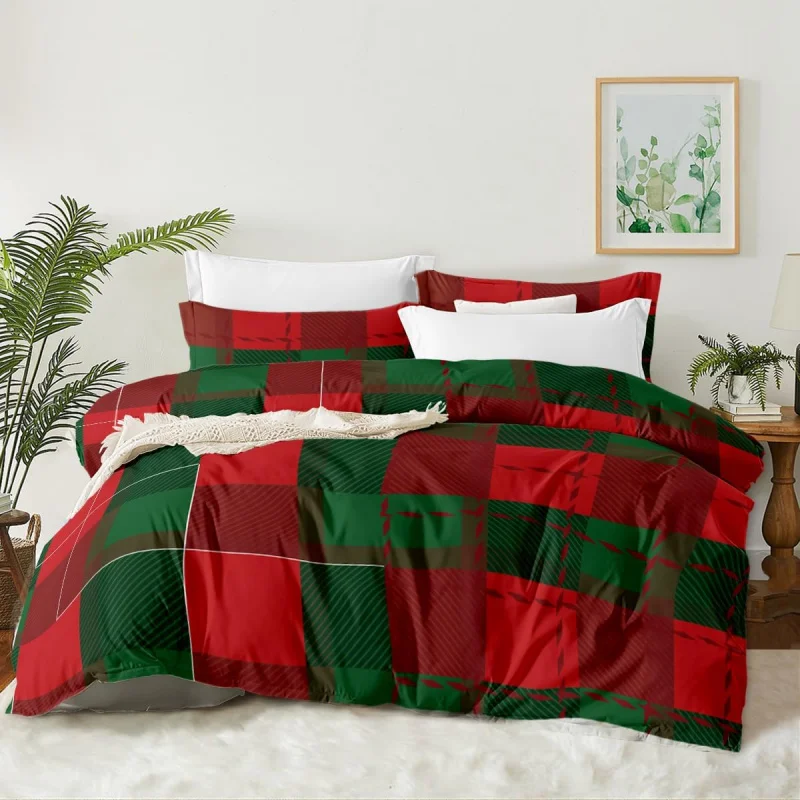 Christmas duvet cover extra large red green country grid holiday decoration (1 duvet cover, 2 pillowcases, no duvet)