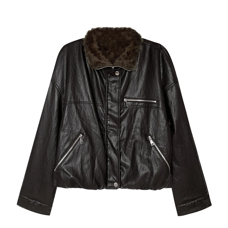 Jaqueta Leve de Couro com Gola de Pele Sintética Estilo Retrô Coreano para Motocicleta em Couro PU