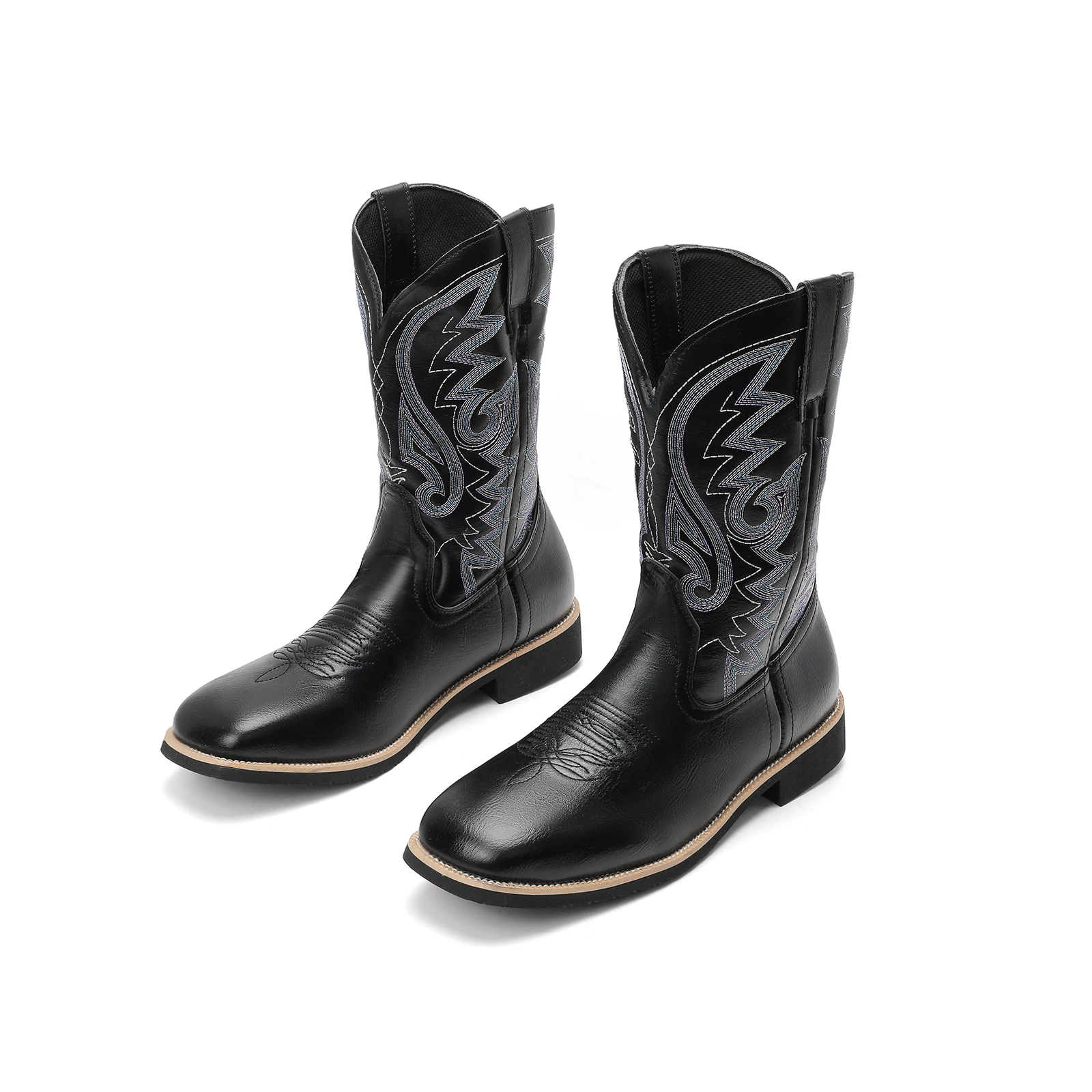 Femmes bottes occidentales bout carré sans lacet mi-mollet cousu Botas Cowgirl bottes femme broderie talon bas chaussures de rue