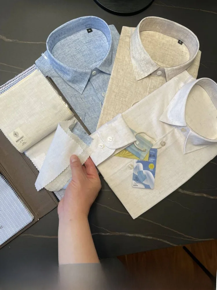 

Summer Men's ort Sve irt Cool Silk Anti-Wrinkle Hemp Fiber Stand Fit Casual Sle Button Closure