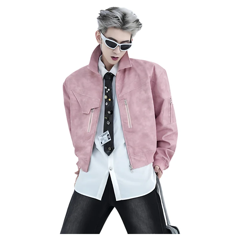 

Ретро-розовая мотоциклетная кожаная куртка для мужчин, короткая, из искусственной кожи с эффектом потертости, новая модная и стильная мужская куртка для весны.