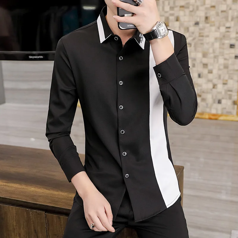 2023 Autumn Fashion Splicing Shirt for Men Slim Fit Long Sleeve Casual Shirts Male Lapel Business Social Dress Shirt Streetwear