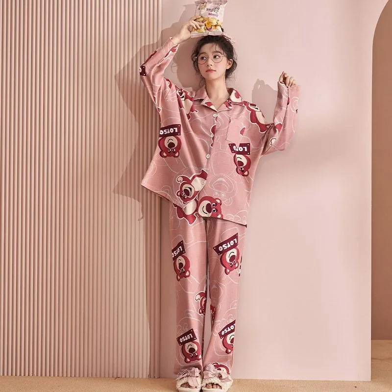 Disney Toy Story Lotso Pajamas for Women Spring and Autumn Sweet and Cute Long Sleeve Pants Suit Home Clothing Gift Wholesale