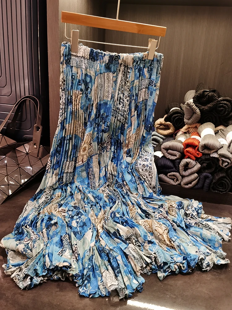 

Romantic Oil Painting Print Patchwork Floral Skirt High Waist n Holiday A-Line Long Dr Women's Midi Skirt