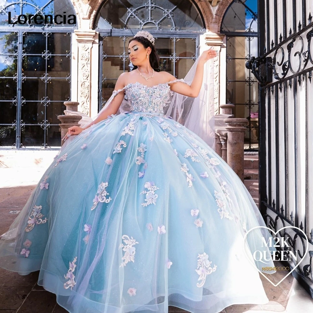 Lorencia Mexican Blue Quinceanera Dress Ball Gown Pink Floral Applique Beads With Bow Corset Sweet 16 Vestidos De 15 Años YQD915