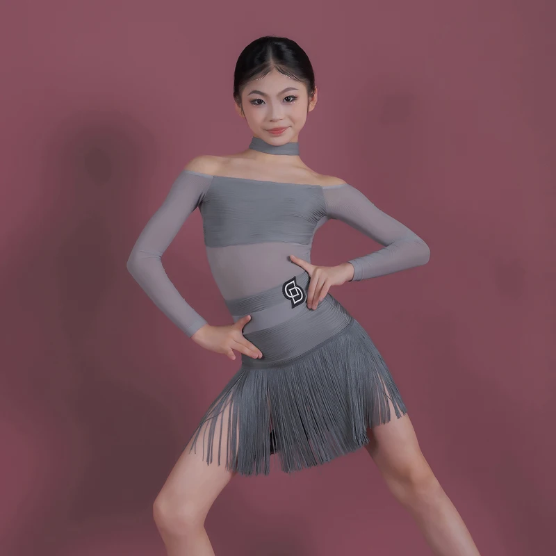 

Fashion Girls Chacha Latin Dance Competition Costume Mesh Sleeves Top Tassels Skirt Kids Performance Dancing Wear DWY10275