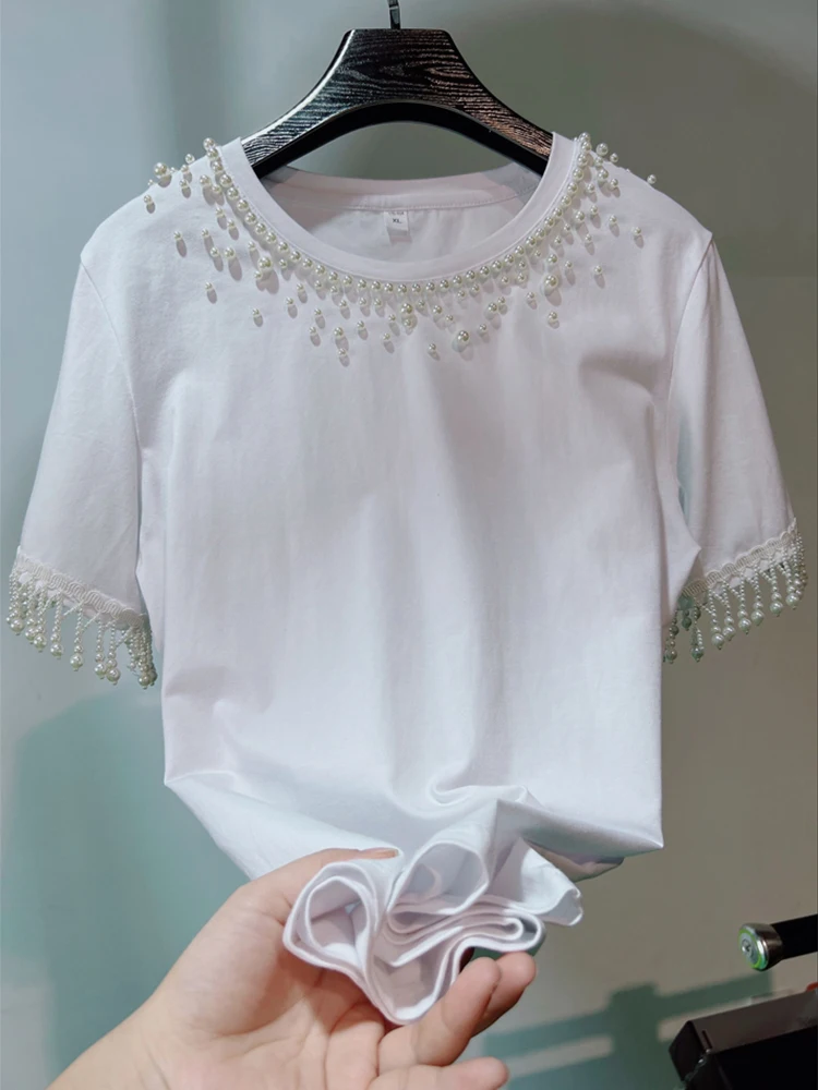 

Korean style women summer new handmade design pearl collar nail bead tassel sleeves loose and versatile pure cotton t-shirt