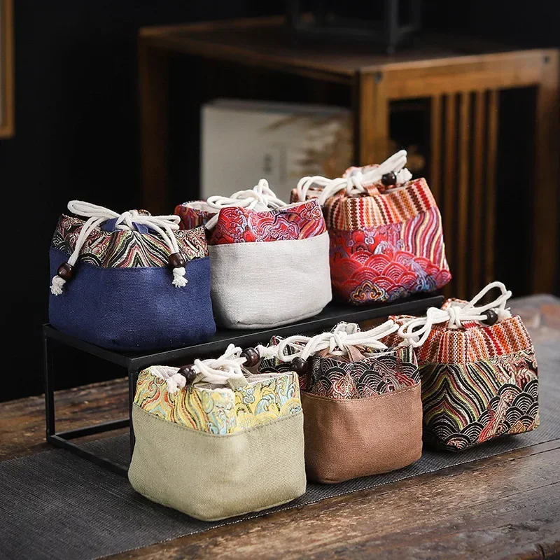 Vintage Teaware Storage Bag Outdoor Travel Ceramic Teacups Cotton and Linen Drawstring Cloth Bags Kung Fu Tea Accessories