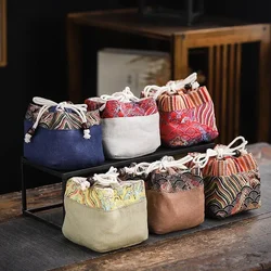 Borsa portaoggetti Vintage da viaggio per esterni tazze da tè in ceramica borse in tessuto con coulisse in cotone e lino accessori per il tè Kung Fu