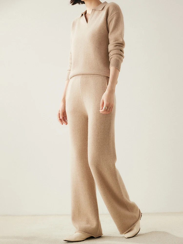 

TLOML Women's 100% Cashmere Wide Leg Pants Simple Style Elasticated Waist Trousers Autumn Winter Cashmere Pants Soft Warm Comfy