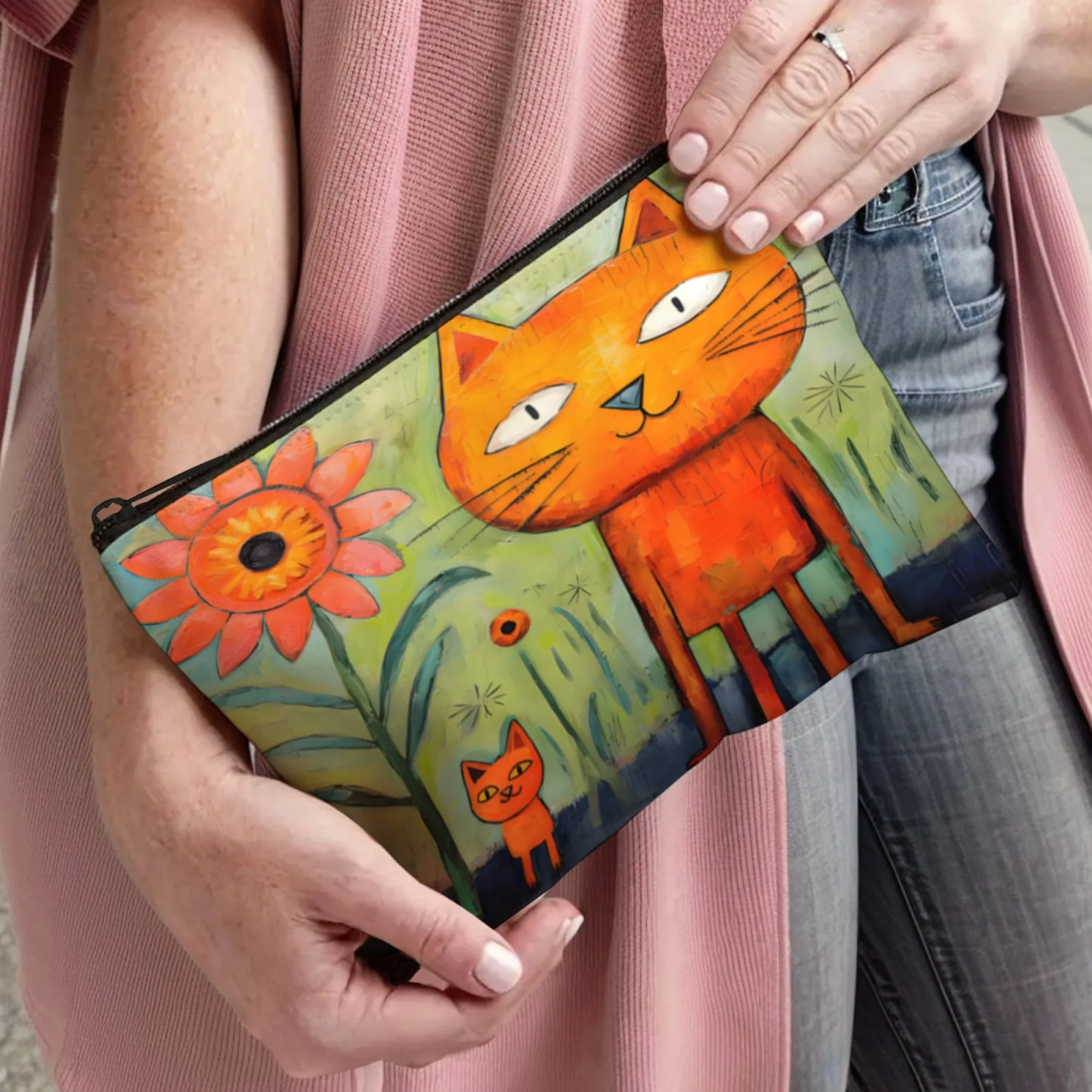 1 Stück Retro-Kosmetiktasche mit bezauberndem Blumen- und Katzenkunstdruck, faltbar, leicht, mit Reißverschluss, Make-up-Tasche für Frauen und Mädchen