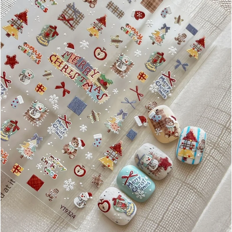 Cute Christmas Crystal Ball Snowman Tree Cloth Patch Snowflake Bear Bowknot Gift Stars Self adhesive Nail Decoration Stickers