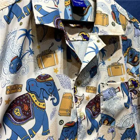 2024 Korean version of the new cashew flower wave elephant retro culture Hawaiian printed short-sleeved shirt silky couple shirt