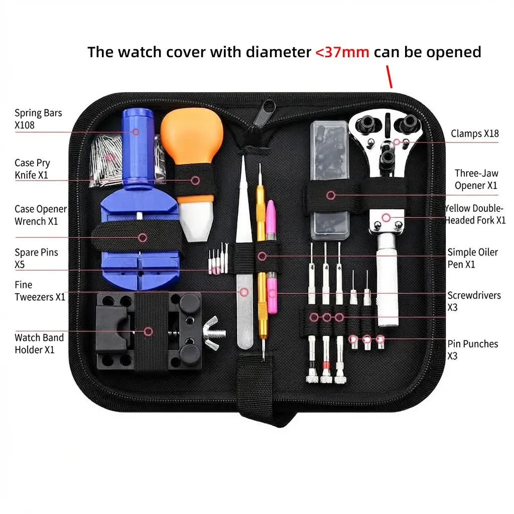 144Pcs Watch Repair Tool Kit Set Watch Link Pin Remover Clock Battery Replacement Strap Needle Tool Case with Carrying Case
