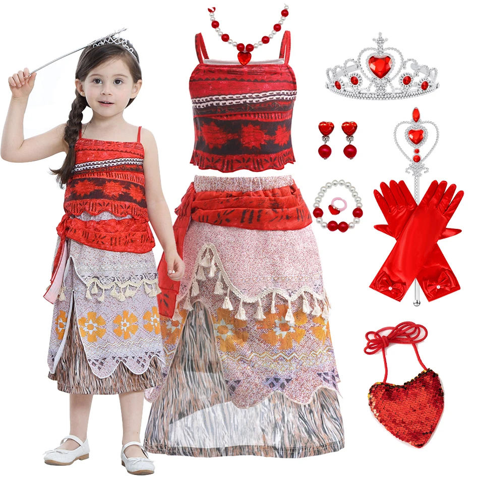 

Girls Moanas Cosplay Costume Vaiana Halloween Princess Dress Necklace Wig Fancy Infant Birthday Party Moana Princess Clothing
